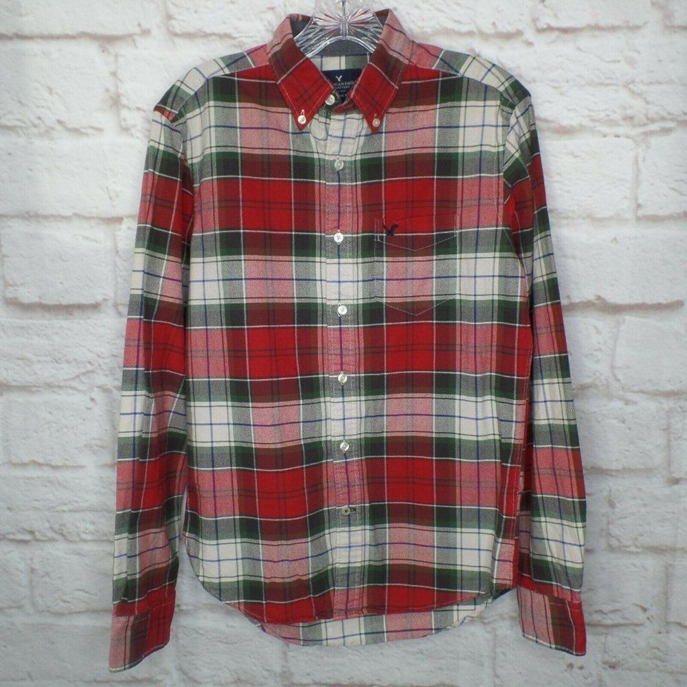 American Eagle Mens XS Button-down Shirt Classic-Fit Plaid Red Cotton